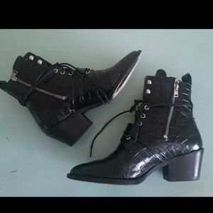 All Saints Black Lace Up Boots with Crocodile Texture